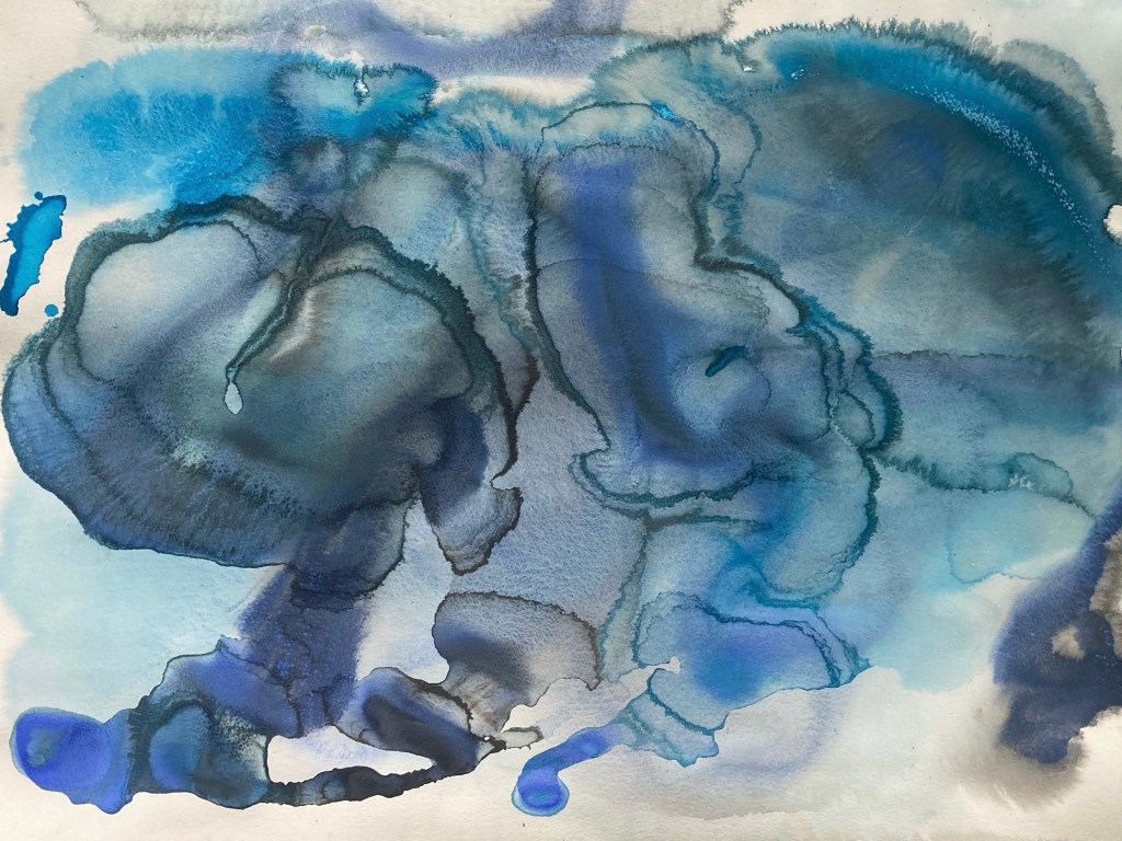 Abstract art with overlapping blue oragnic shapes